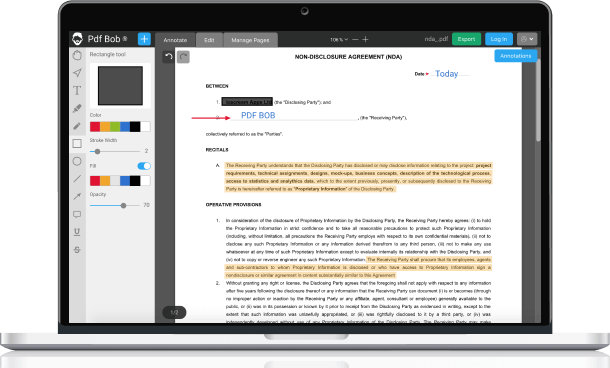 Captura de pantalla del editor de PDF en línea :: PDF Bob